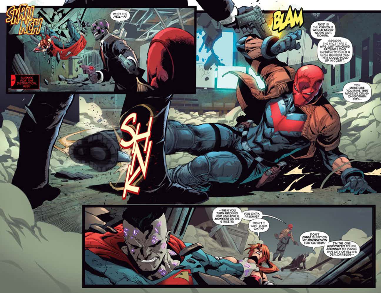 Black Mask and Red Hood go toe-to-toe beneath One Police Plaza, while above...